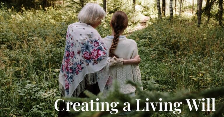 Elderly woman and young woman walking together in a peaceful forest, symbolizing thoughtful planning and support while discussing future wishes and creating a living will.