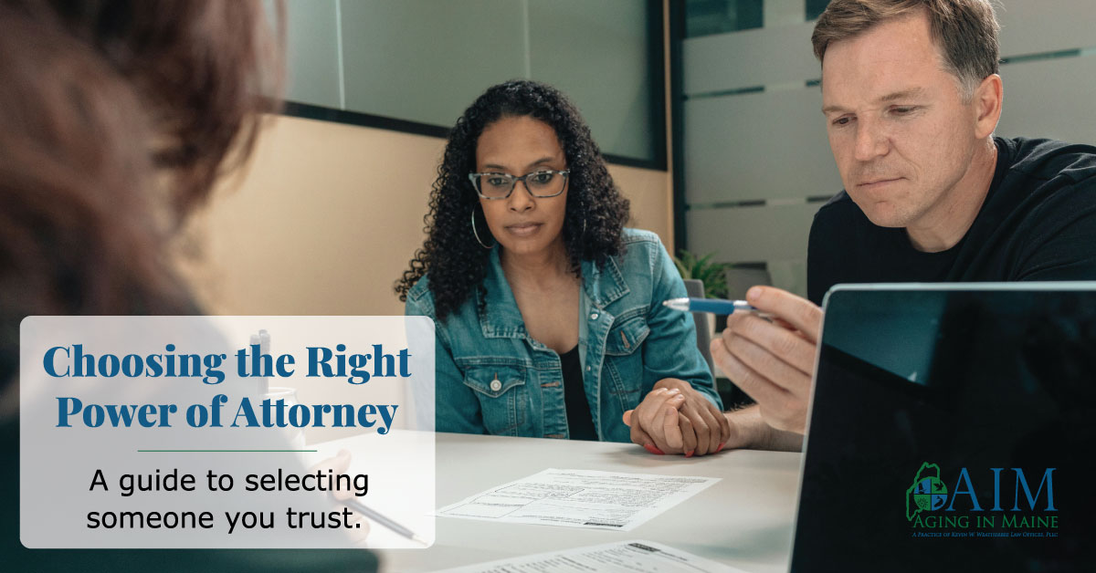 Couple meeting with advisor to choose a power of attorney in Maine