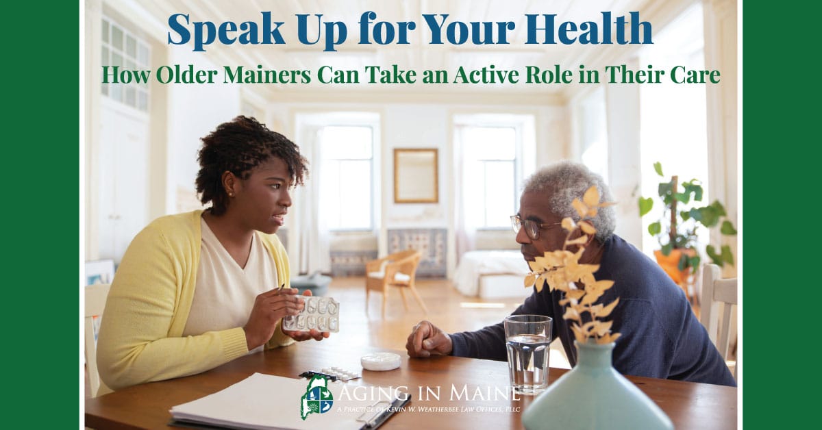 Older woman and caregiver reviewing medication together for a Speak Up for Your Health article for older Mainers.