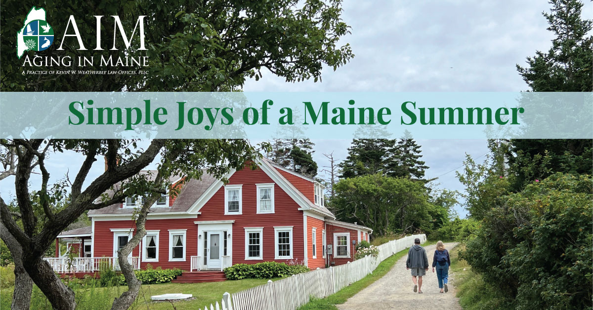 Older adults enjoying a walk along a quiet country road during a Maine summer, highlighting the benefits of spending time outdoors for seniors.