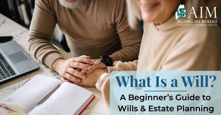 Older couple reviewing estate planning documents while learning about creating a will in Maine.