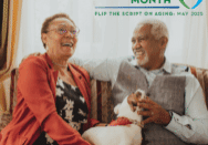 A joyful older couple sitting together on a cozy couch, smiling warmly. Between them rests a small dog. The text overlay reads: “Older Americans Month 2025 – Flip the Script on Aging.” The Aging in Maine logo is displayed at the bottom.